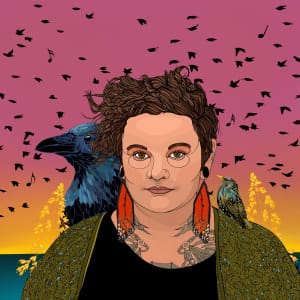 An illustrated portrait of Justene Dion-Glowa in front of a pink to orange gradient background. Black silhouettes of birds fly in the back ground. Justene wears a dark green cardigan over a black shirt that shows some of a tattoo and a small bird perches on one shoulder while a larger blue bird looks over her other. 