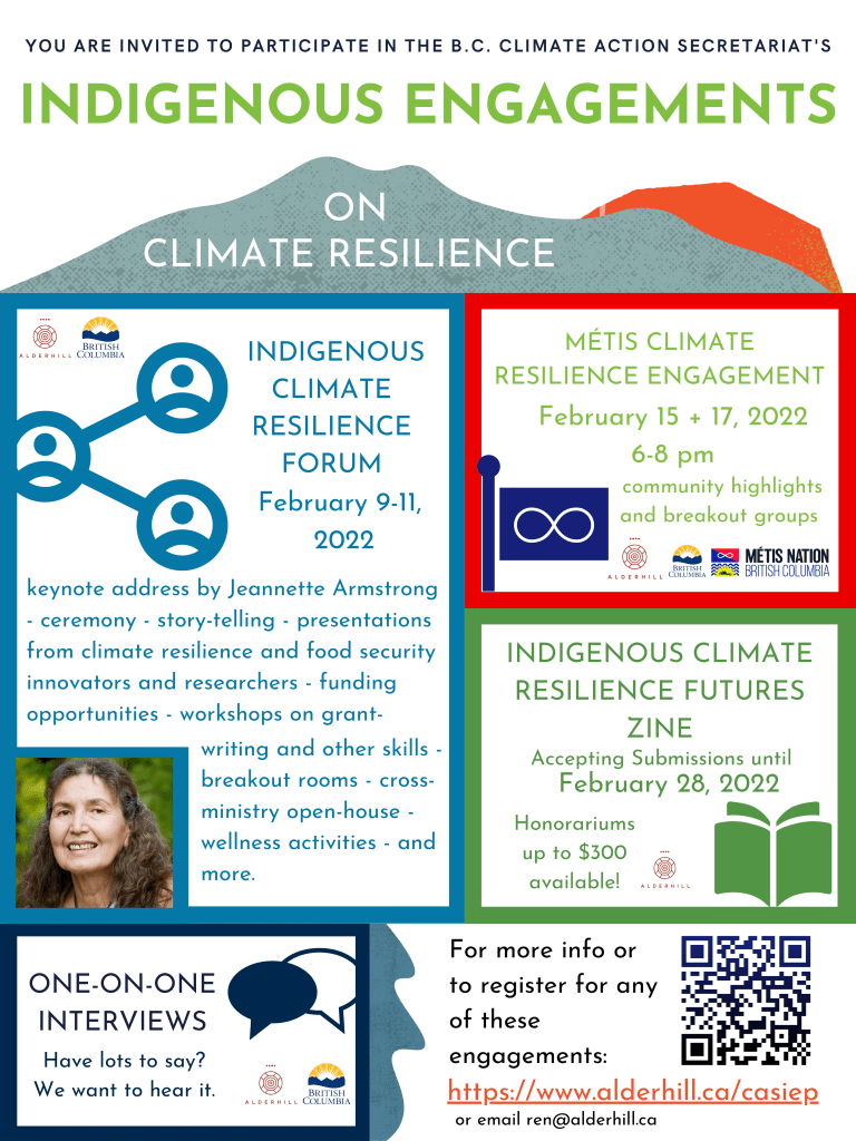 Flyer for the Indigenous Engagements on Climate Resilience event. The flyer details various events hosted throughout the month of February.