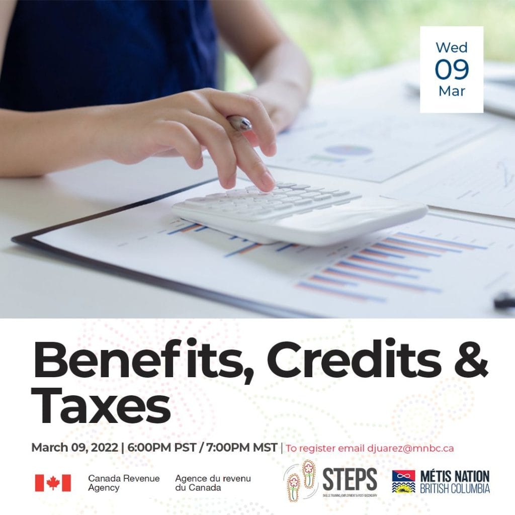 Flyer for Benefits, credits & Taxes event hosted on March 9, 2022.