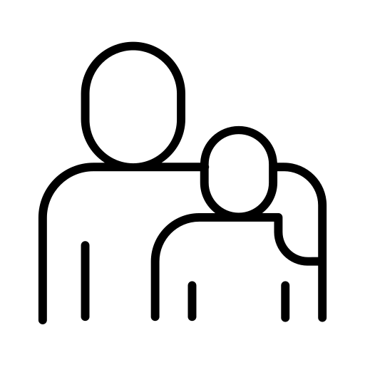 Black and white icon of a parent with their arm around a child.
