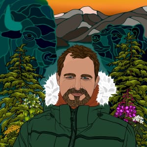 An illustrated portrait of Wayne Wapeemukwa wearing a green winter coat with a white fur lined hood. The background features a dark green buffalo and a matching bear behind two coniferous tree. Beyond them there is a mountain in front of an orange sky.