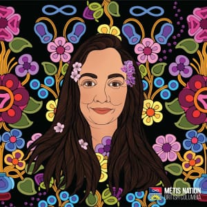 An illustrated portrait of Lauren Petersen in front of a solid black background decorated with colourful flowers. Lauren has purple flowers tucked into her brown hair.
