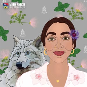 Vanessa Prescott is illustrated in front of a grey background with pink and green flowers. A wolf sits behind her looking off camera. She wears a pale pink shirt with flowers, gold earrings, and a purple flower in her hair. 