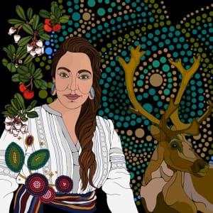An illustrated portrait of Kaija Heitland wearing a white shirt with florals and beadwork framing her on her left side. On the right, a deer with antlers looks off camera in front of a patter of blue, green, and brown dots.