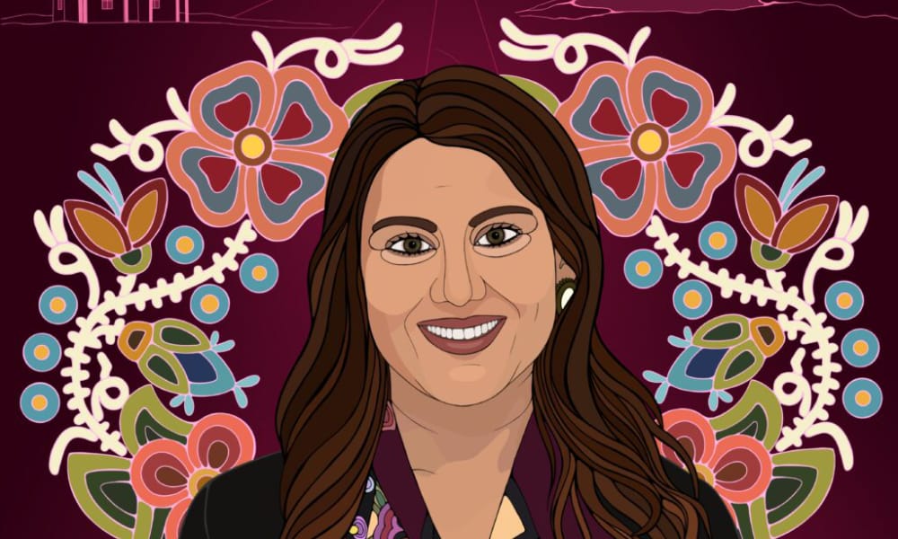 Graphic rendition of person smiling with artwork in the background