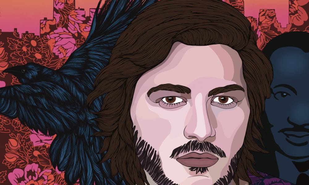 Graphic of person with artwork in the background