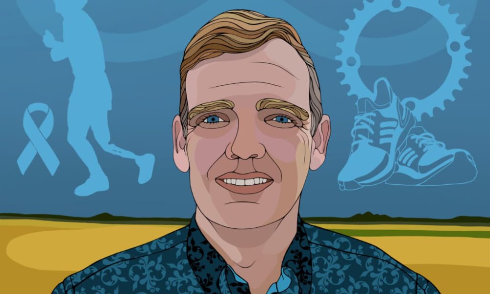 Graphic of person smiling with artwork in the background