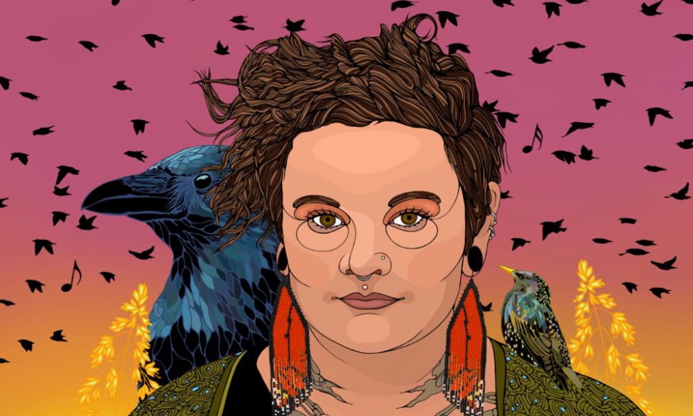 Graphic of person with artwork in the background