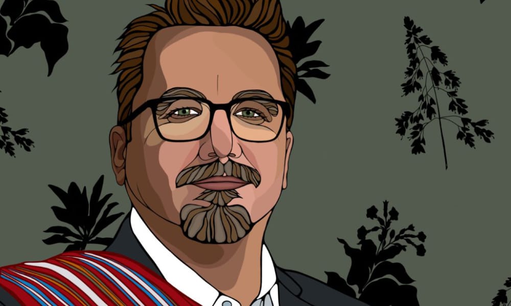 Graphic of person with artwork in the background