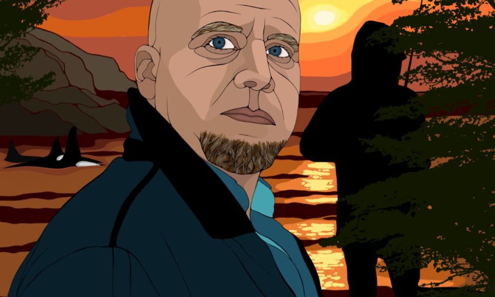 Graphic of person with artwork in the background