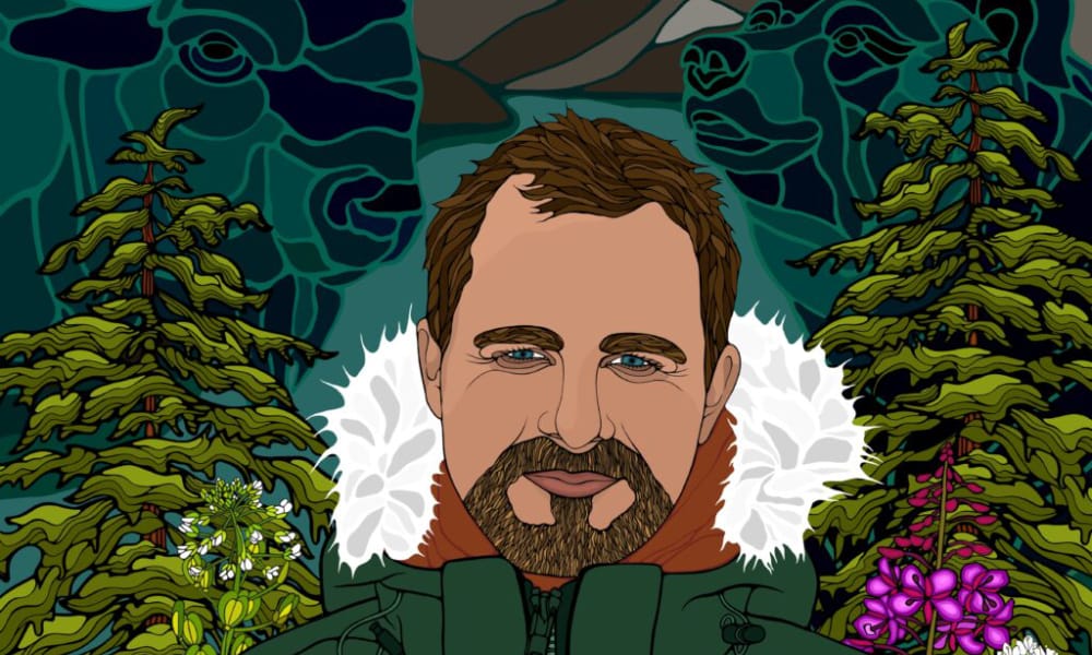 Graphic of person smiling with artwork in the background