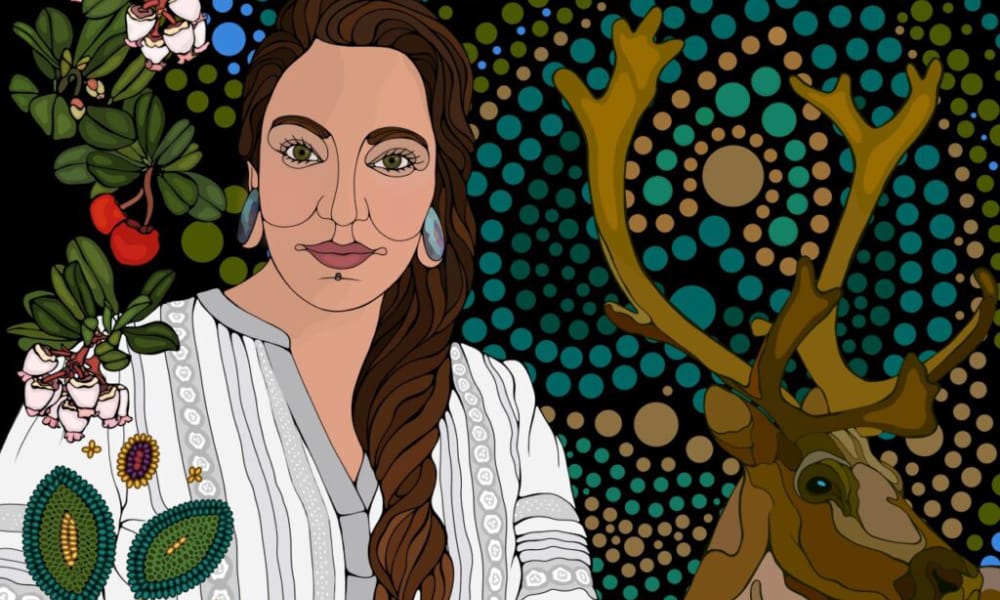 Graphic of person smiling with artwork in the background