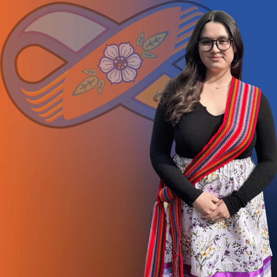 Image of a young woman with the youth orange and blue Metis sash logo in the background.