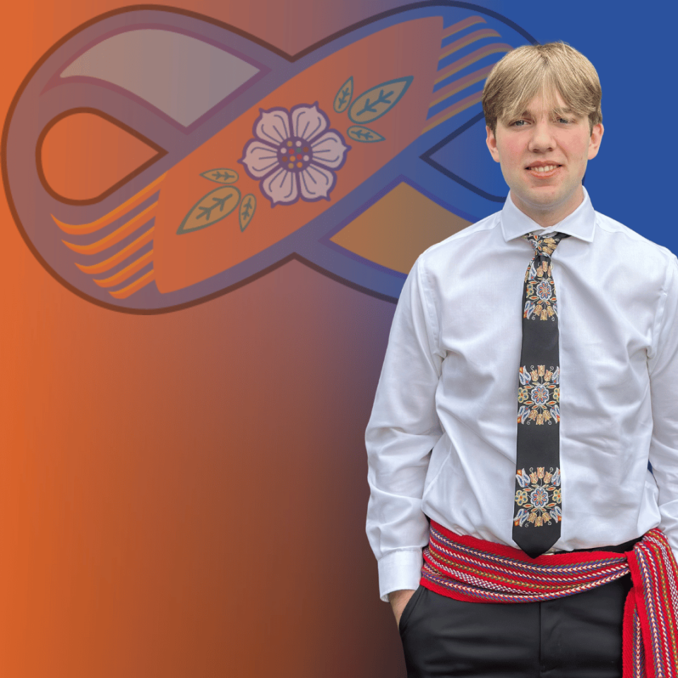 Image of a young man with the youth orange and blue Metis sash logo behind him.