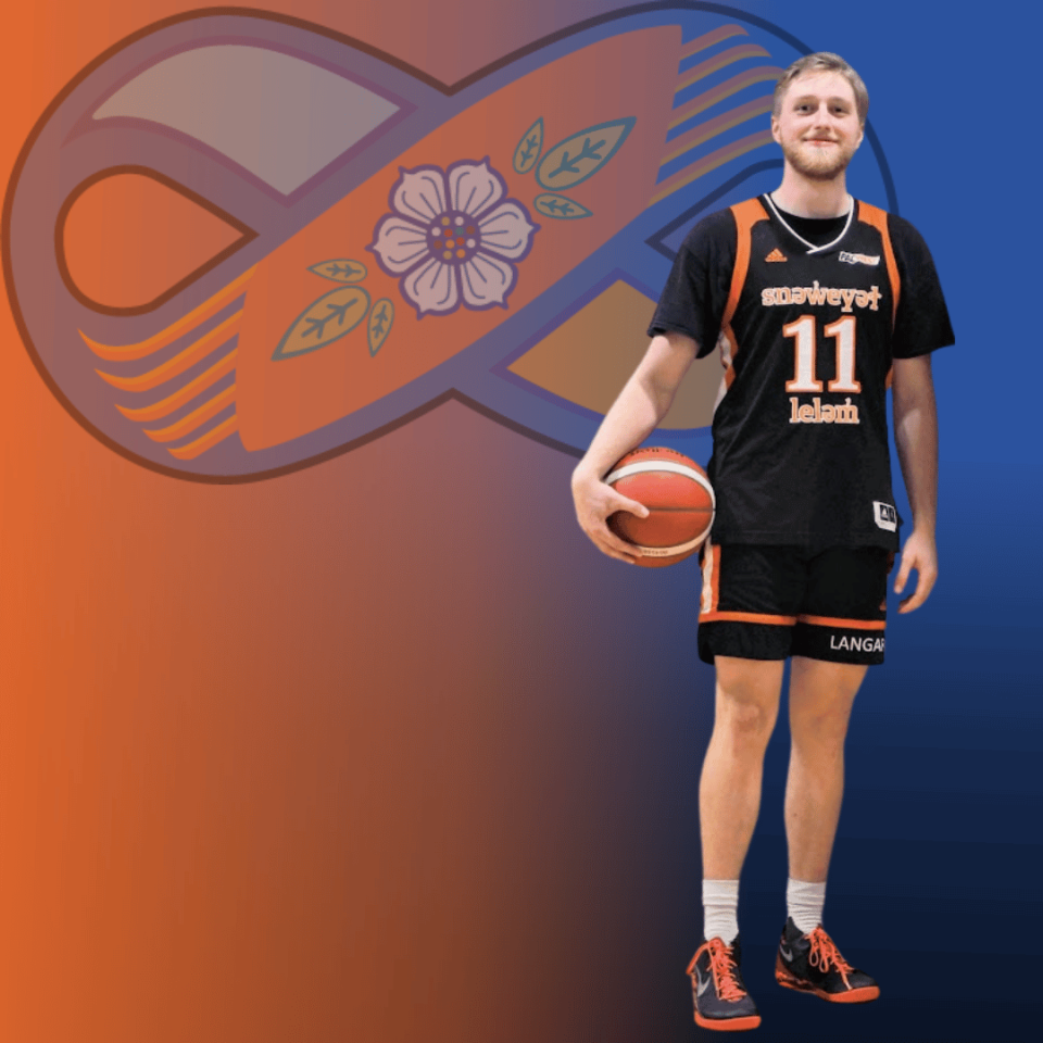 Image of a young man holding a basketball with the youth orange and blue Metis sash logo behind him.