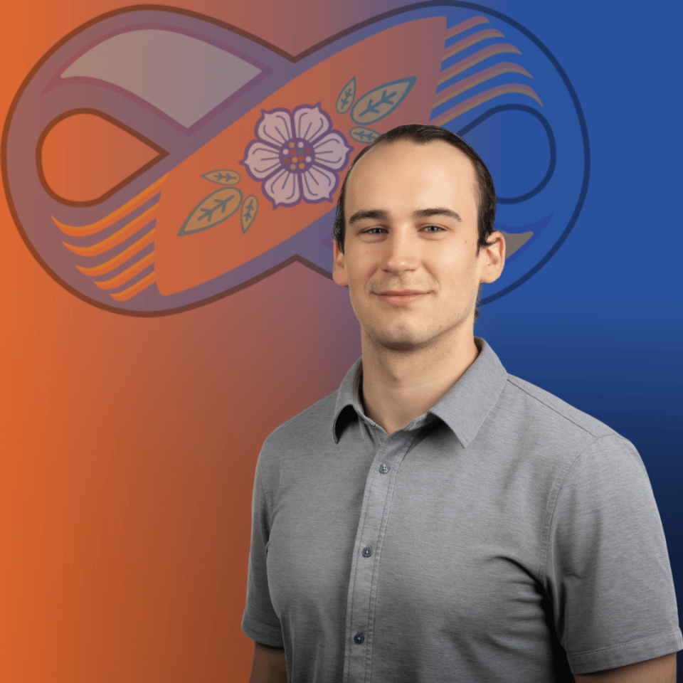 Image of a young man with the youth orange and blue Metis sash logo behind him.